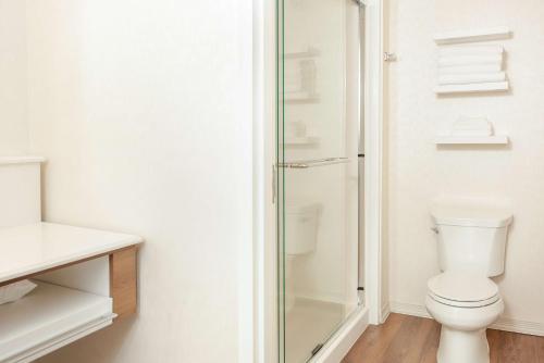 a bathroom with a toilet and a glass shower at Hampton Inn & Suites Niles/Warren, OH in Niles