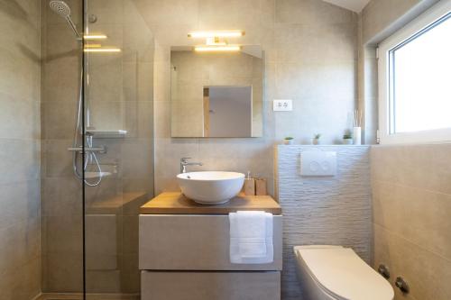 La salle de bains est pourvue d'un lavabo, de toilettes et d'une douche. dans l'établissement MY DALMATIA - Authentic Villa Storia with private heated pool, à Velika Čista
