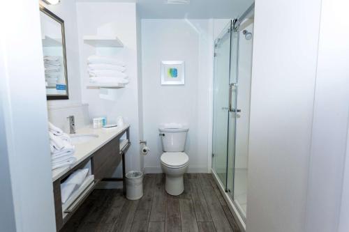 uma casa de banho com um WC e uma cabina de duche em vidro. em Hampton Inn & Suites Syracuse North Airport Area em North Syracuse