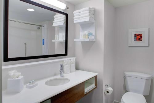 Hampton Inn & Suites Manchester, Vt في مانشستر: حمام مع حوض ومرحاض ومرآة