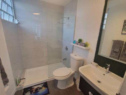 e bagno con doccia, servizi igienici e lavandino. di Oceana Trendy Ocean View Condo Hotel in Condado a San Juan
