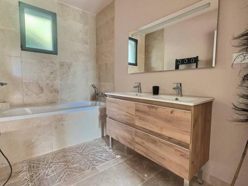un bagno con un lavandino, una vasca e uno specchio di Sous le « Figuier » a Cornillon-Confoux