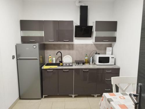 a kitchen with a refrigerator and a microwave at Noclegi Szymrych in Chełmsko Śląskie