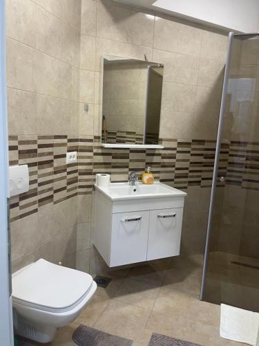 a bathroom with a toilet and a sink and a shower at R&B Apartment City Center in Ohrid