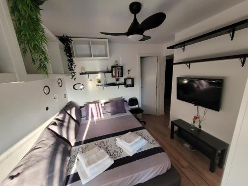 Schlafzimmer mit einem Bett und einem Flachbild-TV in der Unterkunft Alojamiento ENTERO en Madrid, con ACCESO PRIVADO in Madrid