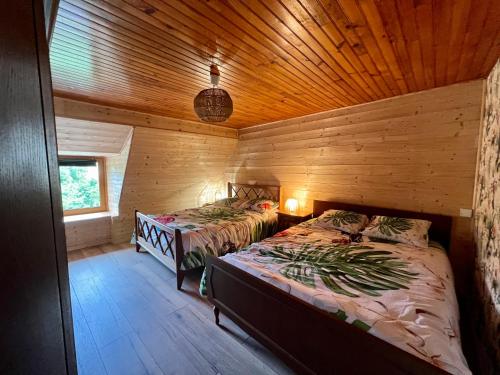 a bedroom with two beds in a log cabin at Maison reposante in Saint-Alyre-ès-Montagne