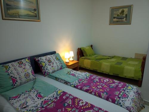 Vila Nenad Ovčar banja في تشاتشاك: غرفة معيشة بها سريرين وأريكة