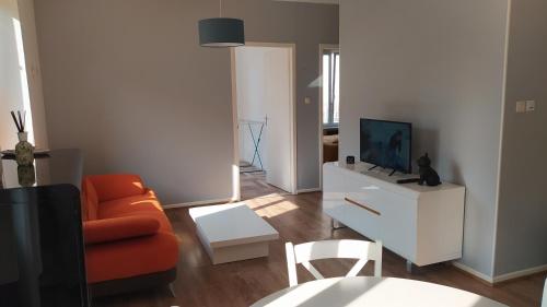 a living room with an orange couch and a tv at Appartement Fx 1 in Saint Die