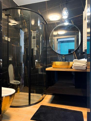 a bathroom with a sink and a mirror at Belzacka City Apartment in Piotrków Trybunalski