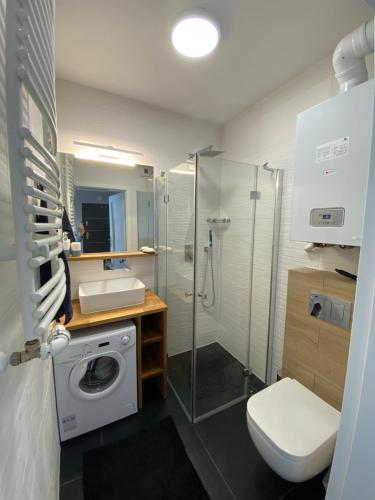 a bathroom with a toilet sink and a washing machine at Nowoczesny apartament przy ul Plażowej, Sarbinowo in Sarbinowo