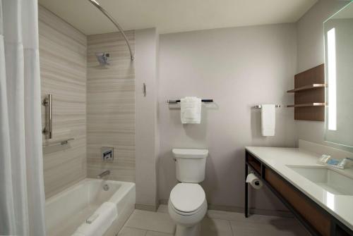 a bathroom with a toilet and a tub and a sink at Hilton Garden Inn Wausau, WI in Wausau