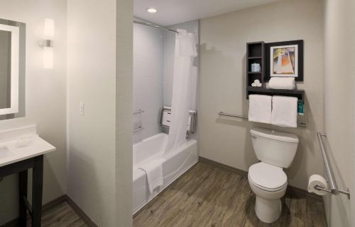 La salle de bains est pourvue de toilettes, d'une baignoire et d'un lavabo. dans l'établissement Homewood Suites By Hilton Topeka, à Topeka