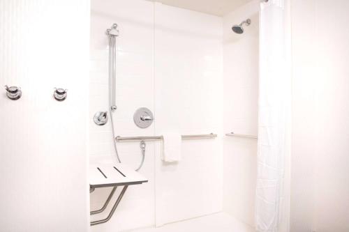 bagno bianco con doccia e servizi igienici di Hampton Inn & Suites Big Rapids, Mi a Big Rapids