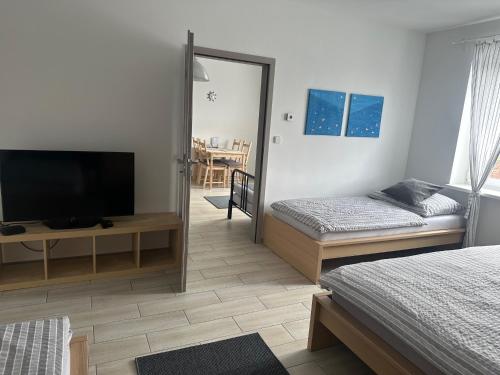 a bedroom with two beds and a flat screen tv at Apartmán in Nezdenice