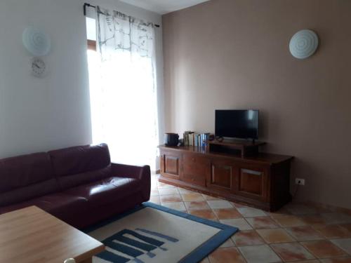 uma sala de estar com um sofá e uma televisão de ecrã plano em Casa Assunta em Corvara