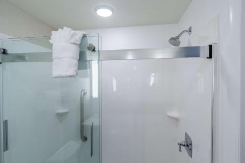 a bathroom with a shower with a glass door at Hilton Garden Inn Salina in Salina