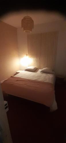 una camera da letto con un grande letto con una luce sopra di La PAUSE Salonaise "au coeur de la ville" a Salon-de-Provence