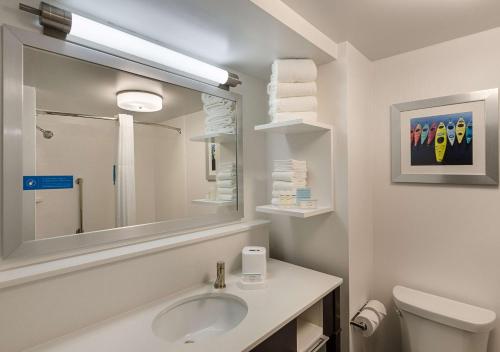 a bathroom with a sink and a mirror and a toilet at Hampton Inn Covington VA in Covington