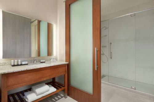 a bathroom with a sink and a shower at Embassy Suites By Hilton Sarasota in Sarasota