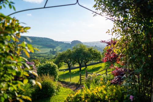 a view from a garden with flowers and trees at Hillside Haven, panoramic views Nr Bakewell in Great Rowsley