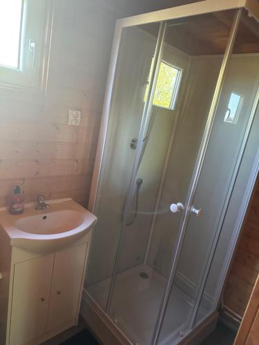 a bathroom with a shower and a sink at Domki Międzyzdroje in Międzyzdroje