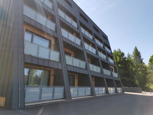 an apartment building with a lot of windows at Apartmán v Jizerkách in Janov nad Nisou