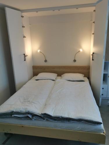 Una cama en una habitación con dos luces. en Apartmán v Jizerkách, en Janov nad Nisou