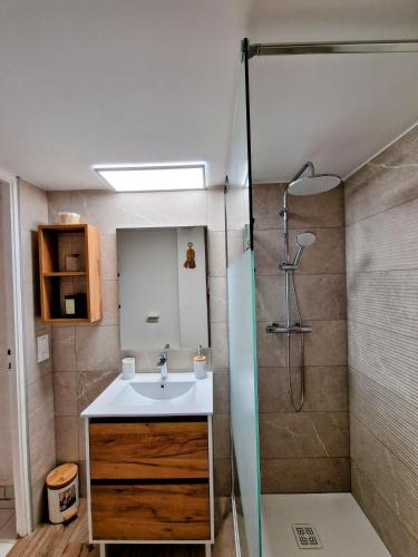 une salle de bain avec un lavabo et une douche dans l'établissement Villa à deux pas de la plage Richelieu, au Cap d'Agde