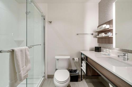 a bathroom with a toilet and a sink and a shower at Hilton Garden Inn Edmond/Oklahoma City North in Edmond