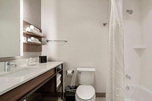 a bathroom with a toilet and a sink and a shower at Hilton Garden Inn Edmond/Oklahoma City North in Edmond
