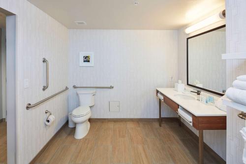 a bathroom with a toilet and a sink and a mirror at Hampton Inn & Suites Sacramento at CSUS in Sacramento