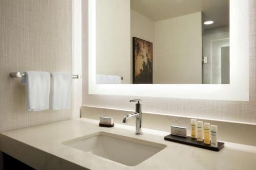 a bathroom with a sink and a large mirror at Embassy Suites By Hilton San Antonio Landmark in San Antonio