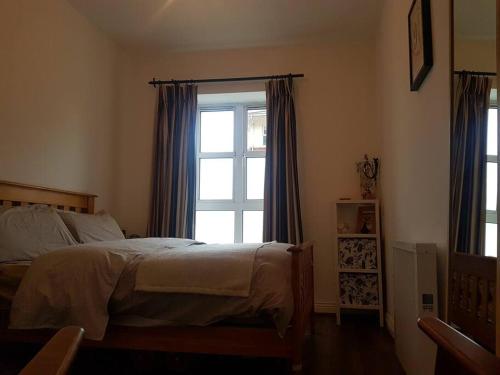 1 dormitorio con cama y ventana en Bright, modern apartment in Grand Canal Dock, en Dublín