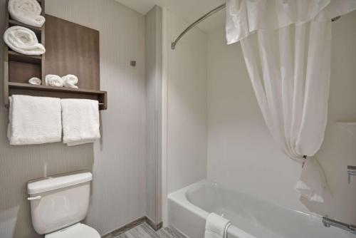 een badkamer met een wit toilet en een bad bij Homewood Suites By Hilton Rocky Mount in Rocky Mount