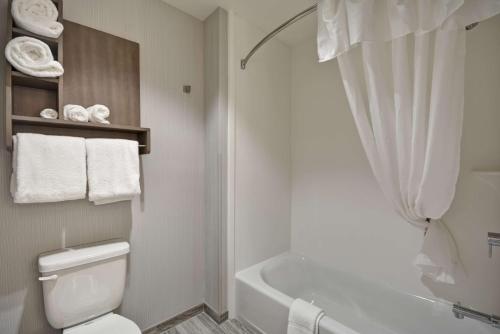 a bathroom with a white toilet and a bath tub at Homewood Suites By Hilton Rocky Mount in Rocky Mount