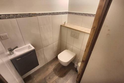 La petite salle de bains est pourvue de toilettes et d'un lavabo. dans l'établissement Appartement en Résidence vu montagne, à Thyez