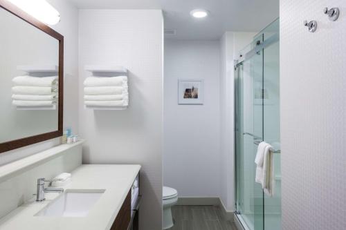 a white bathroom with a sink and a shower at Hampton Inn & Suites Chicago-Burr Ridge in Burr Ridge