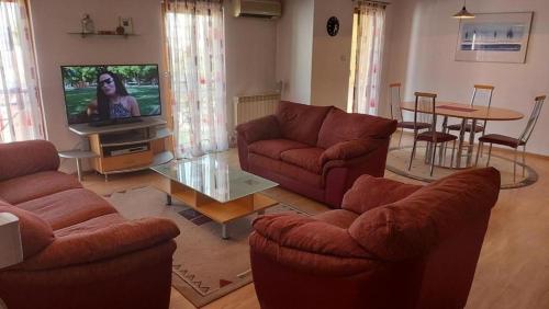 a living room with two couches and a tv at Exclusive Skopje Apartments in Skopje