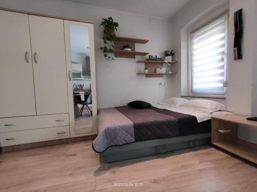 um quarto com uma cama, uma cómoda e um espelho em Studio Placa em Punat