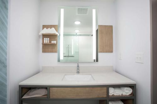 a bathroom with a sink and a mirror at Hilton Garden Inn Omaha Aksarben Village in Omaha