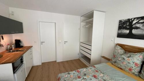 a small room with a bed and a kitchen at Wohlfühlen im Herzen von Schopfheim in Schopfheim
