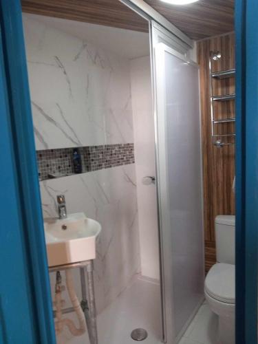a bathroom with a shower and a sink and a toilet at The 1930's Maltese Residence in St Paul's Bay