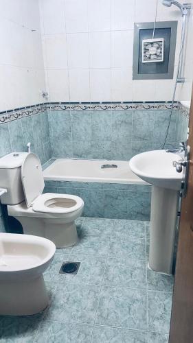 łazienka z toaletą, umywalką i wanną w obiekcie Near Alain Main Bus stop w mieście Mundafinah