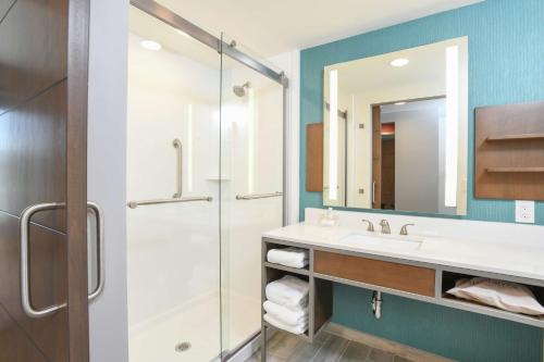 een badkamer met een wastafel en een douche bij Hilton Garden Inn Cincinnati Midtown in Cincinnati