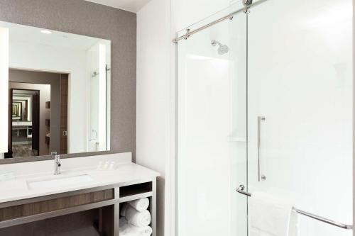 a bathroom with a sink and a shower at Hilton Garden Inn Waco in Waco