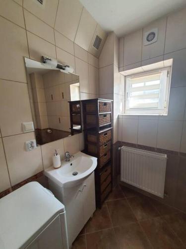 ein Bad mit einem Waschbecken und einem Spiegel in der Unterkunft Sztukateria Podgórzyn in Podgórzyn