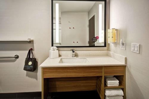 a bathroom with a sink and a large mirror at Tru By Hilton Fort Wayne in Fort Wayne