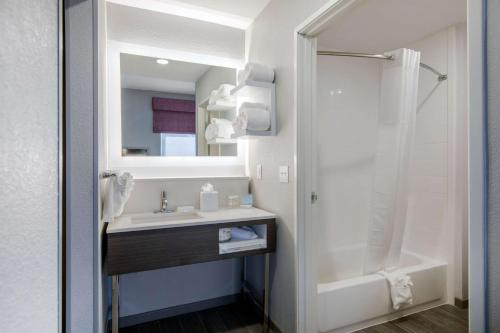 a bathroom with a sink and a shower with a mirror at Hampton Inn & Suites Ruidoso Downs in Ruidoso Downs