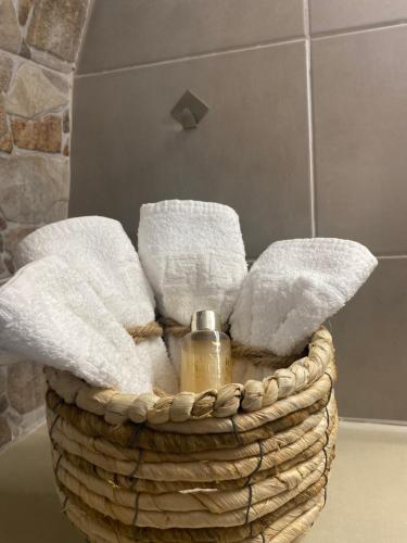 a bathroom basket with a bottle of soap in it at Terra Petra Mani in Koíta