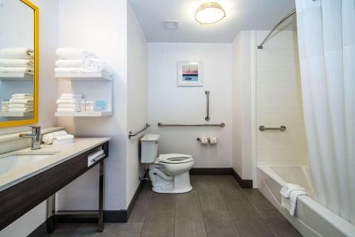 a bathroom with a toilet and a sink and a tub at Hampton Inn & Suites - Allen Park in Allen Park